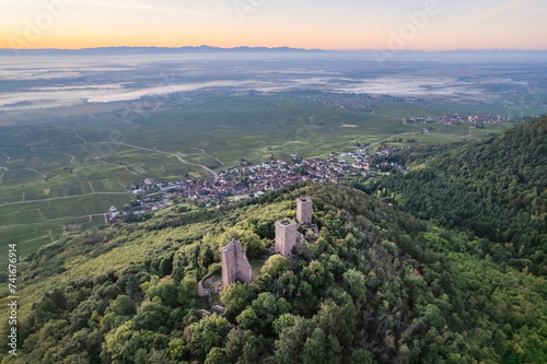 Aerial drone view of Three Castles of Eguisheim between green nature, Husseren les Châteaux, Haut Rhin, France. photo