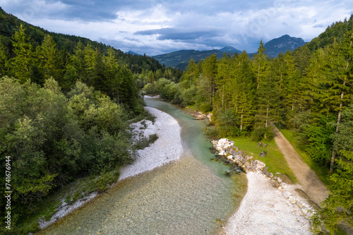 Aerial drone view of Emerald Blue Lake Bluntausee, Golling an der Salzach, Salzburg, Austria. photo