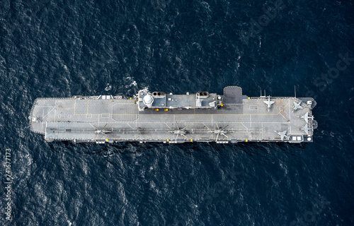 Rome, Italy - 12 March 2013: Aerial view of a group of AV-8B aircraft of the Italian Navy on the flight deck during a navigation of the Italian aircraft carrier Cavour, Tyrrhenian Sea, Italy.