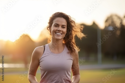 Portrait of happy young woman in sportswear smiling at camera © Nerea