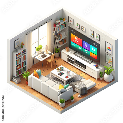 isometric tv Room with tv sofa modern Interior 3d Illustration