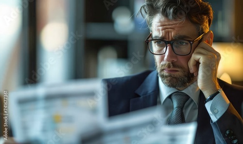 A worried businessman in a suit with head in hand and reading news