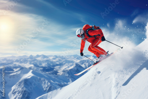 A man Skier enjoying snowy mountain slopes amidst thrilling winter sports action