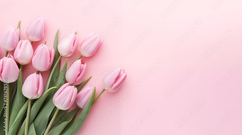 Bouquet de tulipes roses, sur un fond de couleur rose pâle. Nature, fleur, printemps. Avec espace vide de composition, pour conception et création graphique.