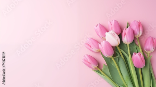 Bouquet de tulipes roses, sur un fond de couleur rose pâle. Nature, fleur, printemps. Avec espace vide de composition, pour conception et création graphique.