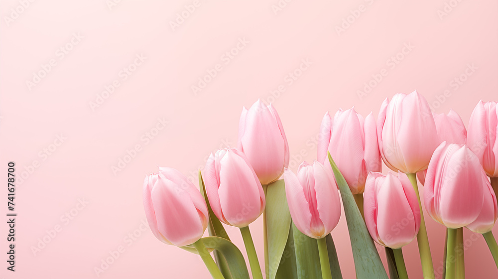 Bouquet de tulipes roses, sur un fond de couleur rose pâle. Nature, fleur, printemps. Avec espace vide de composition, pour conception et création graphique. Bouquet de tulipes roses, sur un fond de couleur rose pâle. Nature, fleur, printemps. Avec espace vide de composition, pour conception et création graphique.