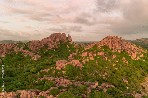 Aerial view of Hampi Valley at sunset with boulders on the hill, Gangavathi, Karnataka, India. photo