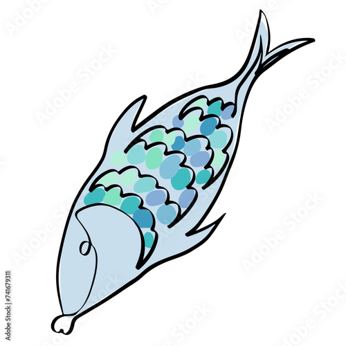 Colored fish in the style of one line on a white background. Gray-green tuna, crucian carp, salmon. Underwater inhabitant swimming in the ocean, river. Vector stock illustration in linear style.