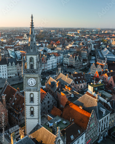 Aerial view of Gildenhuis van de Vrije Schippers clock tower in Gent downtown, Ghent, East Flanders, Belgium. photo