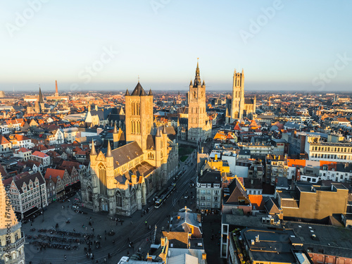 Aerial view of Sint Niklaaskerk (Saint Nicholas Church) in Gent old town center, Ghent, East Flanders, Belgium. photo