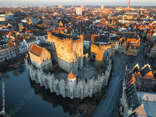 Aerial view of The Gravensteen, a medieval castle in Ghent, East Flanders, Belgium.