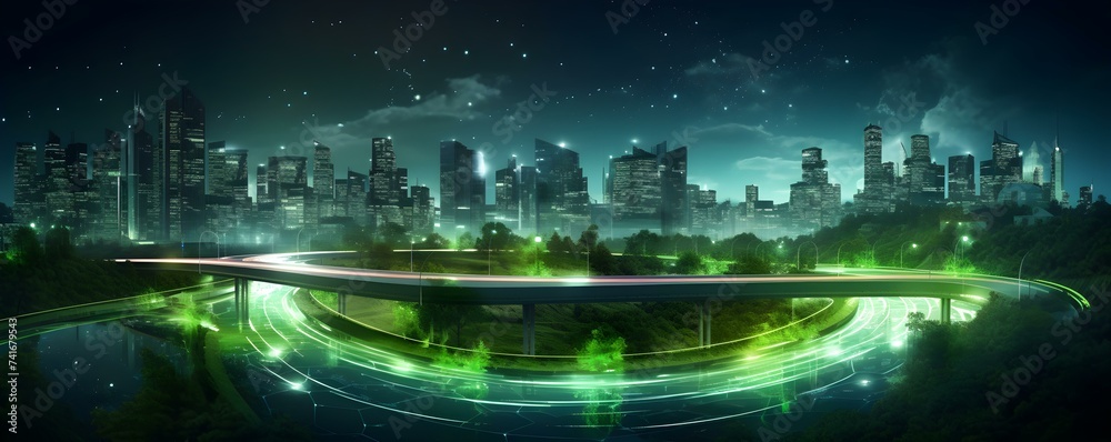 Brightening City Streets with Green Technology under a Starlit Night Sky. Concept Green Technology, Urban Planning, City Beautification, Energy Efficiency, Night Sky Preservation