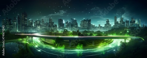 Brightening City Streets with Green Technology under a Starlit Night Sky. Concept Green Technology  Urban Planning  City Beautification  Energy Efficiency  Night Sky Preservation