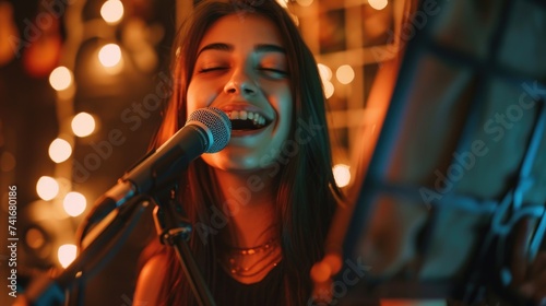 Passionate Singer with Microphone. Close-up of a young female singer recording vocals in a studio, with a microphone in focus and a warm light setting a serene mood