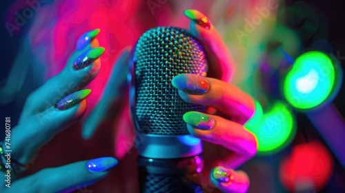 Close up of woman hand with perfect manicure gently touching the microphone and making ASMR sounds  scratching and nail tapping. Triggers for relaxation  stress relief. ASMR Stress-relieving sounds 
