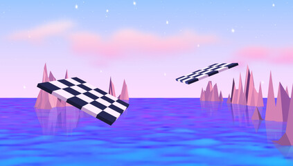 Papier peint photo Pourpre Checkered boards flying over the sea with mountains. Surreal landscape in y2k or vaporwave style.  © swillklitch