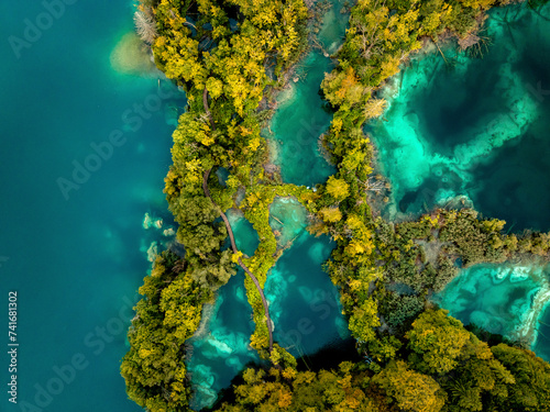 Aerial view of Plitvice National Park in Croatia at sunset. photo