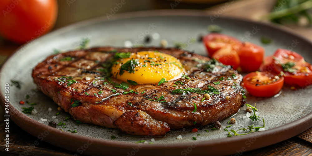 Big Steak with an Egg over it. Paleo Diet with Meat, Carnivor Habits. Ancient Diet. Slice of Beef. Keto Friendly, Keto Diet. High Protein Meal. Big Steak with an Egg over it. Paleo Diet with Meat, Carnivor Habits. Ancient Diet. Slice of Beef. Keto Friendly, Keto Diet. High Protein Meal.