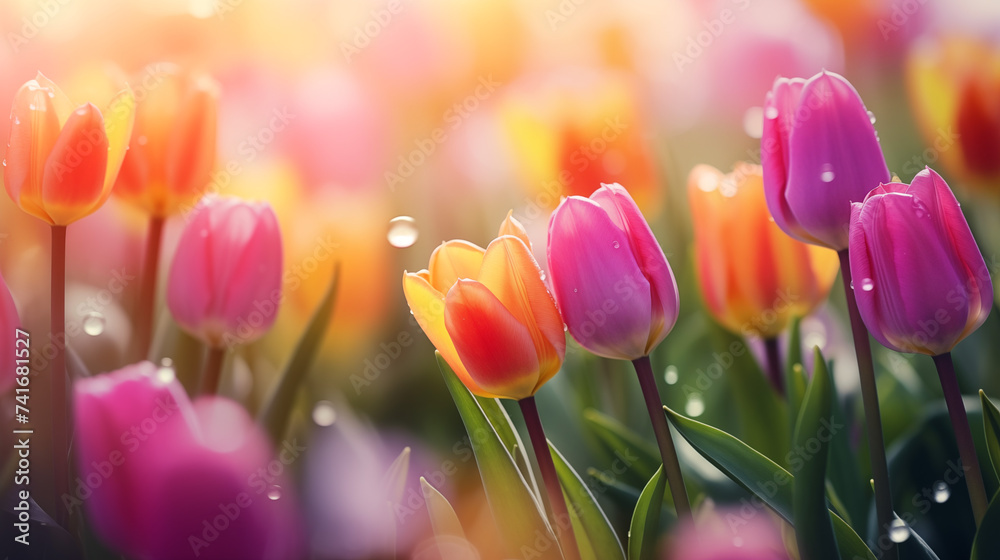 Champ de tulipes de toutes les couleurs. Nature, fleur, printemps, été. Arrière-plan pour conception et création graphique.