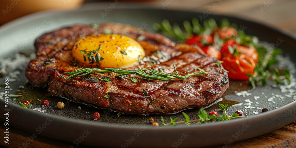 Big Steak with an Egg over it. Paleo Diet with Meat, Carnivor Habits. Ancient Diet. Slice of Beef. Keto Friendly, Keto Diet. High Protein Meal. Big Steak with an Egg over it. Paleo Diet with Meat, Carnivor Habits. Ancient Diet. Slice of Beef. Keto Friendly, Keto Diet. High Protein Meal.