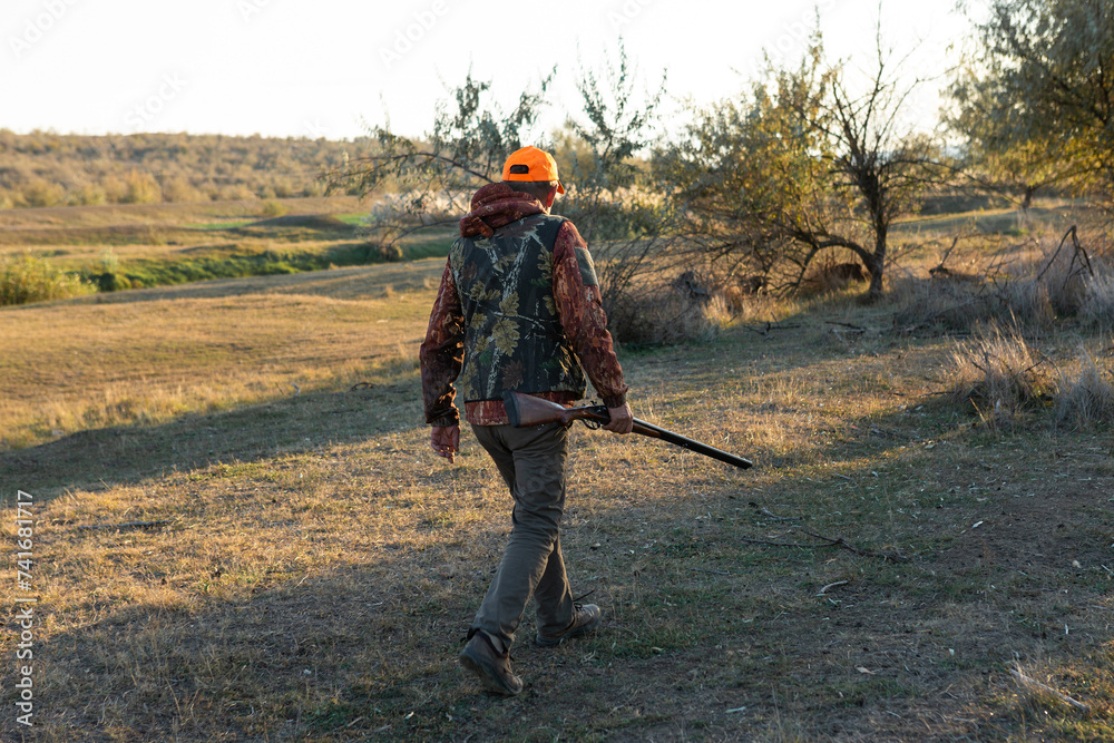 Mature man hunter with gun while walking on field. Mature man hunter with gun while walking on field.