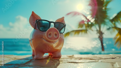 A pink piggy bank with glasses in the foreground, while in the background appears a blurred image of a tropical beach. Visual composition of dream trip and vacation financial aspirations.