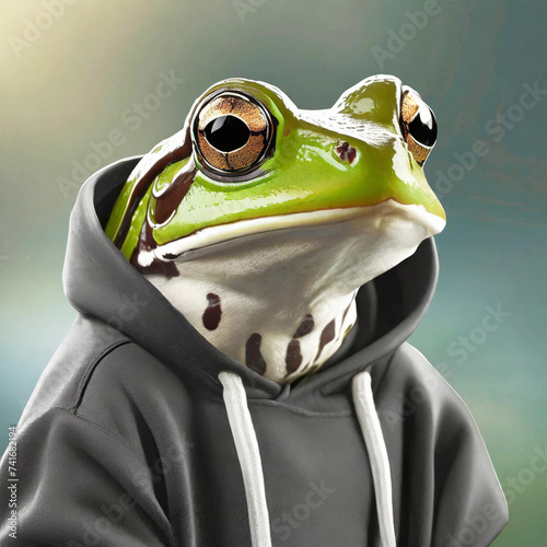 Frog wearing a black hoody.