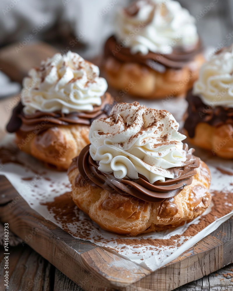 Delicious French Chocolate Profiterole Cream Puffs Stuffed with White Cream and White Whipped Cream and Chocolate Glaze & Cocoa Powder. French bakery banner with copy space. Delicious French Chocolate Profiterole Cream Puffs Stuffed with White Cream and White Whipped Cream and Chocolate Glaze & Cocoa Powder. French bakery banner with copy space.