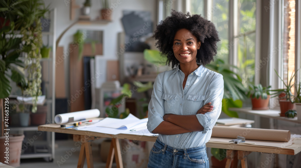 confident African American woman with curly hair, smiling and standing with her arms crossed in a creative workspace with architectural drawings and plants in the background. confident African American woman with curly hair, smiling and standing with her arms crossed in a creative workspace with architectural drawings and plants in the background.