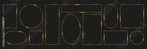 Set of thin linear gold frames. Elegant with sparkle and radiance, geometric on a black background, boho art deco style. For the design of a textbox, application, website, printing