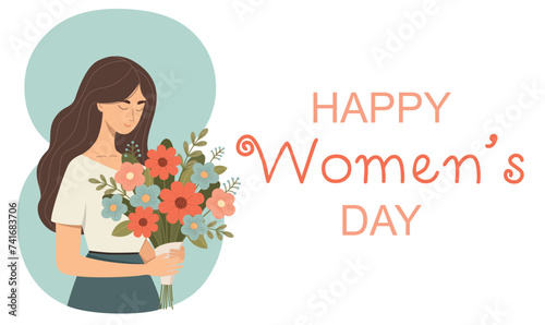Vector International women's day concept in flat style. Illustration of a beautiful girl with bouquet of flowers. 