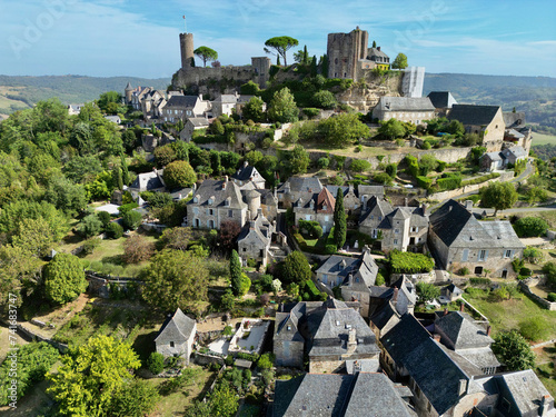 Aerial view of Turenne village and castle, Correze, France.