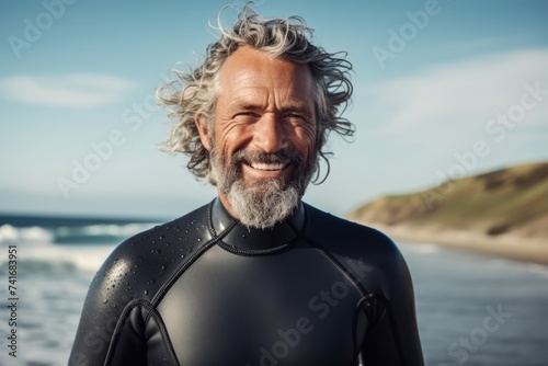 Portrait of a senior man in wetsuit at the beach