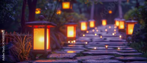 a shrine during a traditional Japanese festival, lanterns glow, leading up a stone path towards the sacred site, the festive atmosphere with serene landscape. photo
