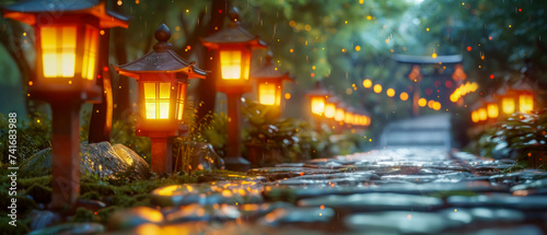 a shrine during a traditional Japanese festival  lanterns glow  leading up a stone path towards the sacred site  the festive atmosphere with serene landscape.