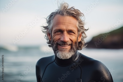 Portrait of happy senior man in wetsuit with surfboard on the beach