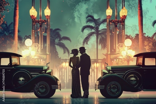 A vintage styled of an elegant evening scene with classic cars and a couple