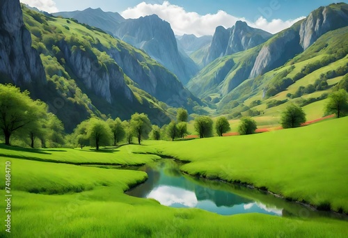 Majestic view of beautiful lush green valley with trees and colorful grass against picturesque high mountains in asturias in spain. AI generated © Muhammad