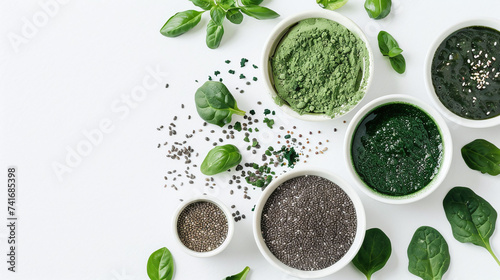 Superfood powders and seeds with fresh spinach leaves on a white background. Flat lay composition with copy space. Healthy lifestyle and natural supplements concept. Design for health food store, menu