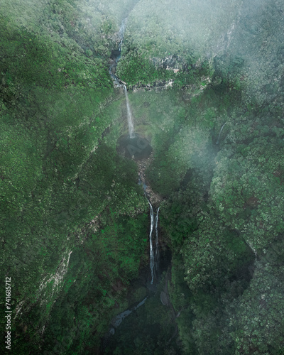 Aerial drone view of Risco Waterfall at the Lagoa das 25 Fontes trail PR6, Madeira island, Portugal. photo