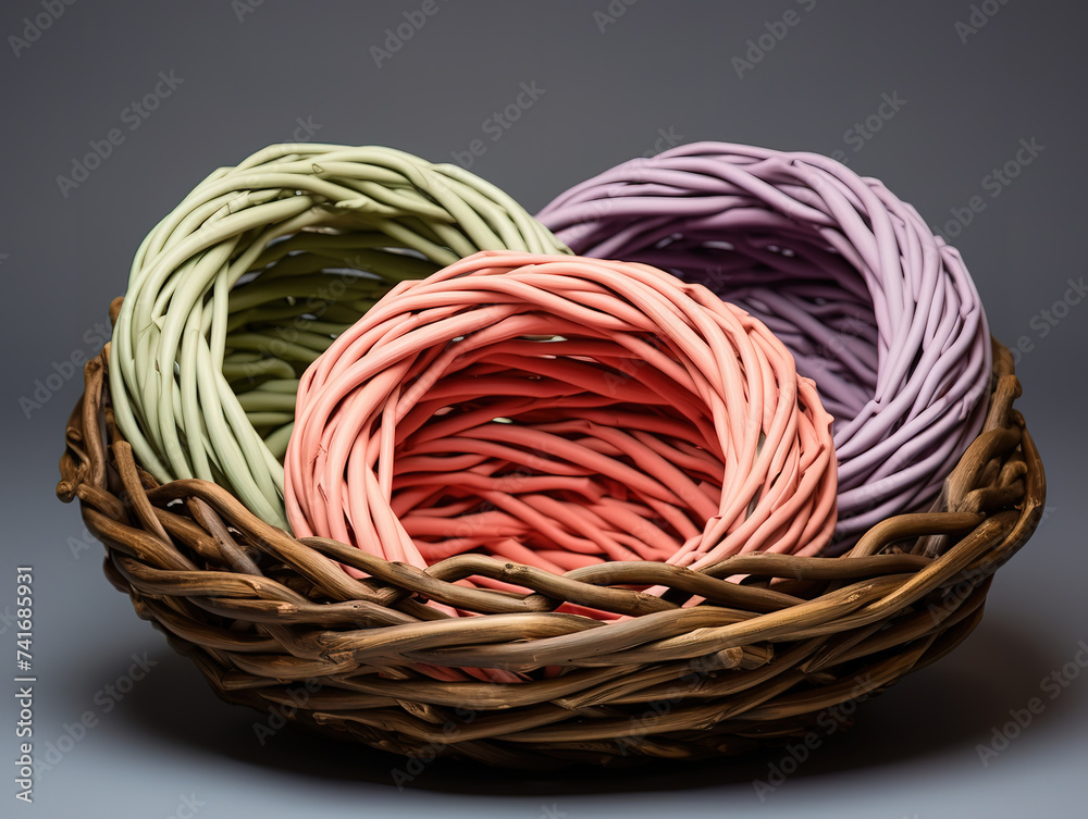 Close up photo of wooden basket full with different fruits on grey surface Close up photo of wooden basket full with different fruits on grey surface