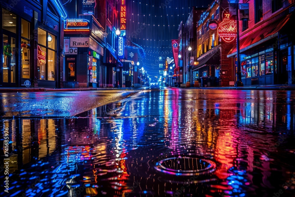 A wet city street at night reflecting neon lights