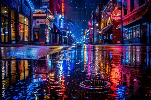 A wet city street at night reflecting neon lights © ParinApril
