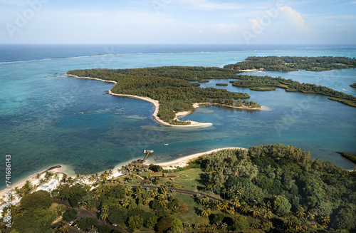 Panoramic aerial drone view of Shangri La Le Touessrok with helicopter landing place and Ilot Mangenie, Ilot Lievres, Flac, Mauritius. photo