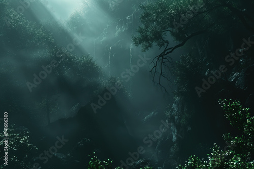 Fog in the forest. A scenery for an adventurous quest. Background image. Created with Generative AI technology. © Artem