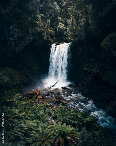 Aerial drone view of the victorian forest and waterfall in the Great Otway National Park, Victoria, Australia.