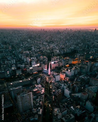 Aerial drone view of the city of Buenos Aires, Argentina at sunset, Argentina.