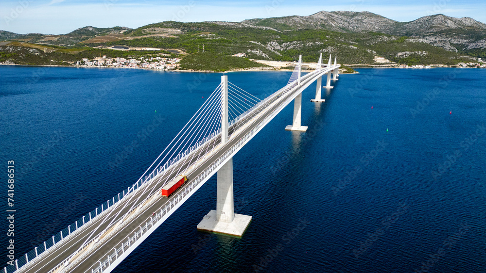 Aerial drone view of the Peljesac Bridge, Croatia. Aerial drone view of the Peljesac Bridge, Croatia.
