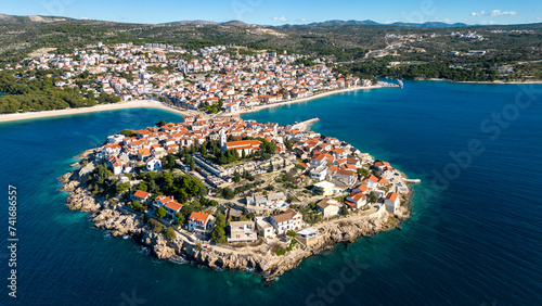 Aerial drone view of the old and historical center of Primosten, Sibenik, Croatia.