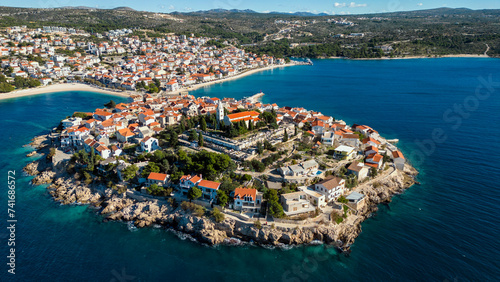 Aerial drone view of the old and historical center of Primosten, Sibenik, Croatia. photo